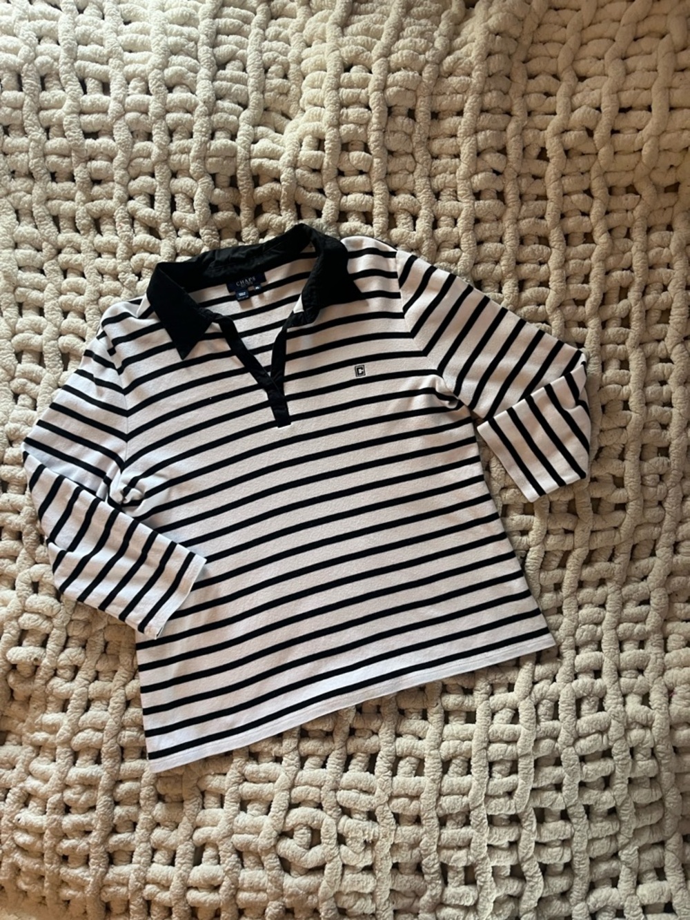 Chaps Black & White Striped Polo Top